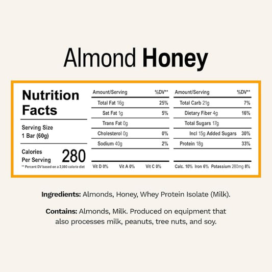 Rise Breakfast Whey Protein Bars Almond Honey, 18g Protein, 2.01 oz (12 Pack)