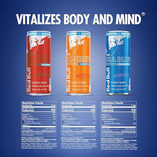 Red Bull Energy Drink Sugar Free Variety Pack, Red, Amber, and Sea Blue, with 80mg Caffeine, Taurine & B Vitamins, 8.4 fl. oz, Pack of 12 Cans