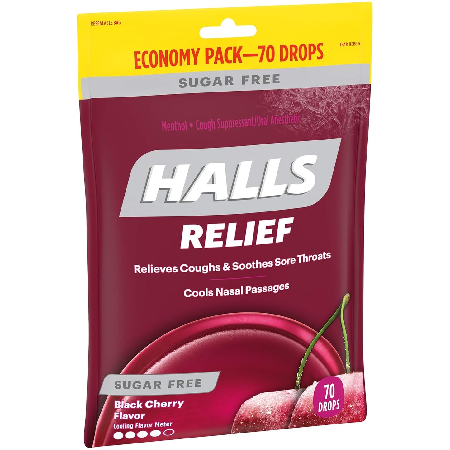 HALLS Relief Sugar Free Black Cherry Flavor Cough Drops, Economy Pack, 1 Bag (70 Total Drops)