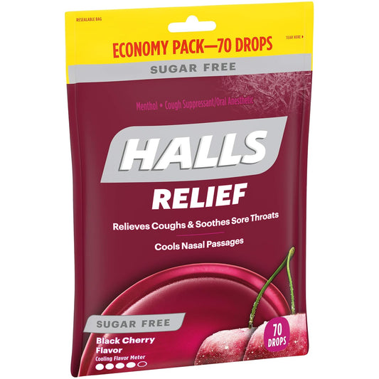 HALLS Relief Sugar Free Black Cherry Flavor Cough Drops, Economy Pack, 1 Bag (70 Total Drops)