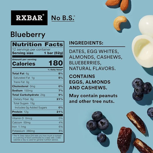 RXBAR Protein Bars, Protein Snack, Snack Bars, Blueberry, 22Oz Box (12 Bars)