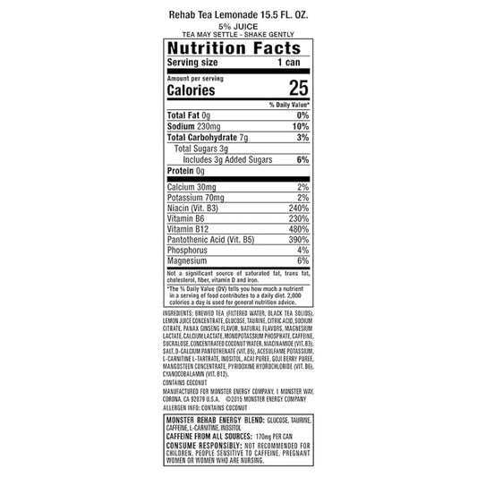 Monster Energy Rehab Tea + Lemonade + Energy, Energy Iced Tea, Energy Drink 15.5 Ounce (Pack of 15)