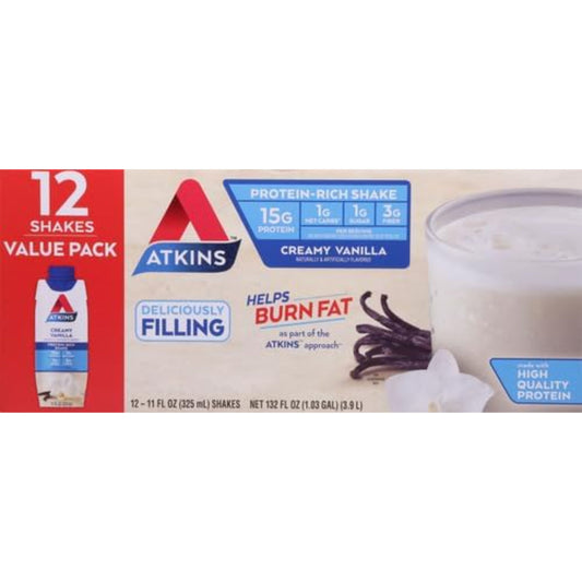 Atkins Creamy Vanilla High Protein Shake, 15g Protein, Low Glycemic, Low Carb and Low Sugar Shakes, Keto Friendly, 12 Vanilla Flavored Protein Shakes
