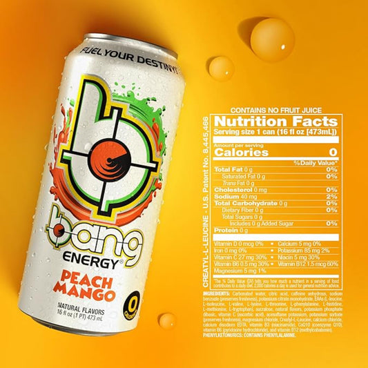 Bang Energy Peach Mango, Sugar-Free Energy Drink, 16-Ounce (Pack of 12)